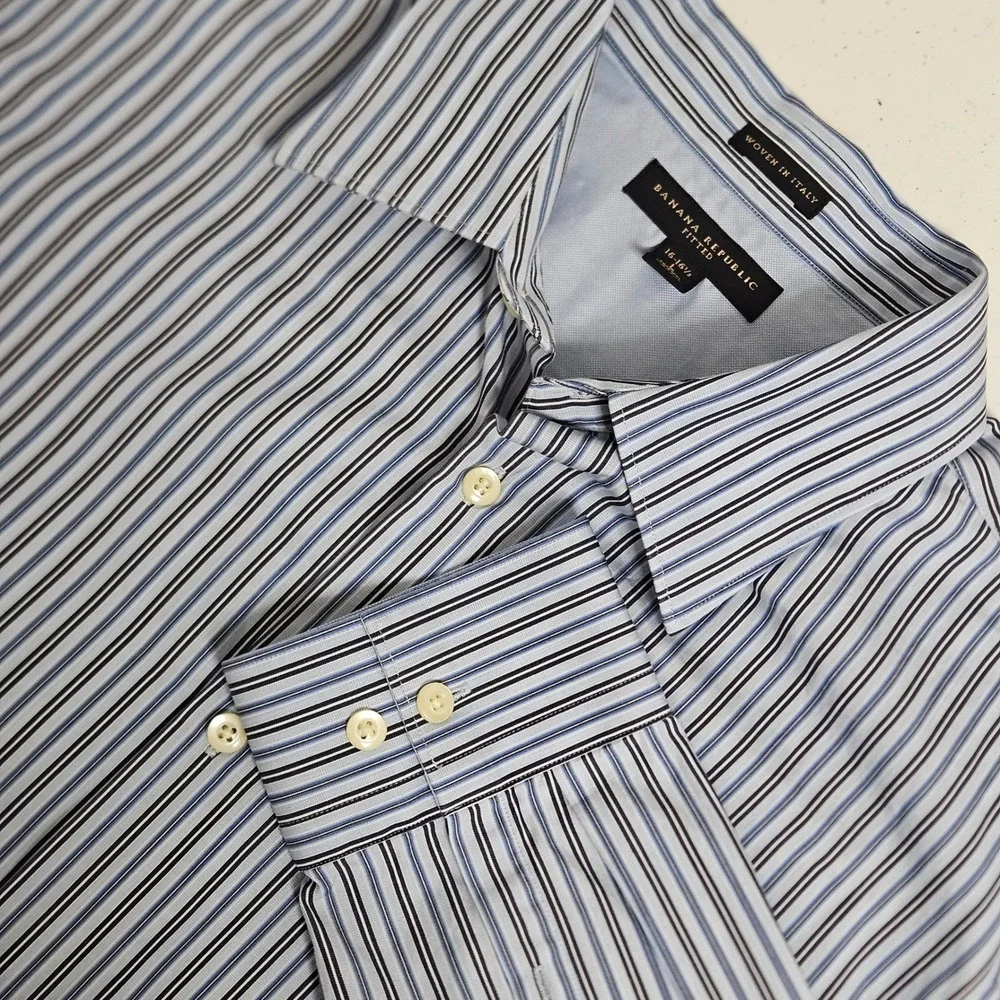 Banana Republic Dress Shirt Mens Lg Blue Striped Fitted Woven In Italy Cotton LS
